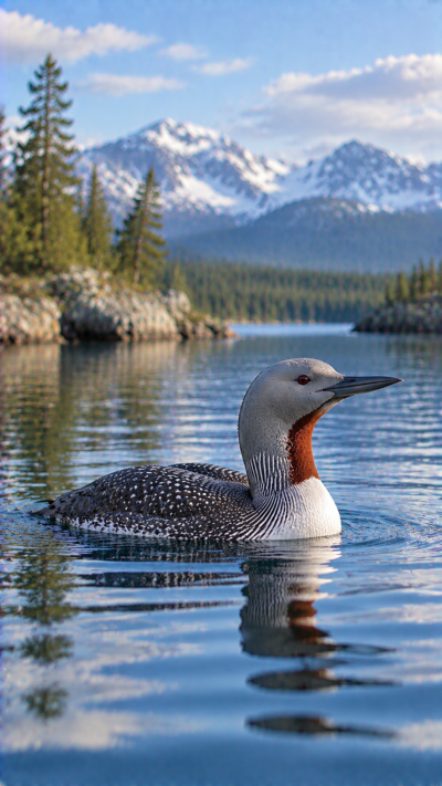 北欧や北米の静かな湖でアビ（Red-throated diver）が水面に浮かび、灰色の体、白い顔、赤褐色の喉、細長いくちばしを見せながら周囲を警戒する野生の水鳥の風景