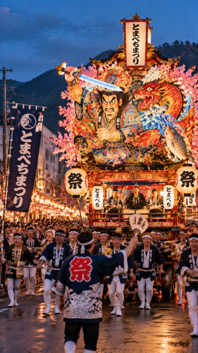 青森県南部町のとまべちまつりで華やかな山車と地域の人々が街を練り歩く夏祭りの風景