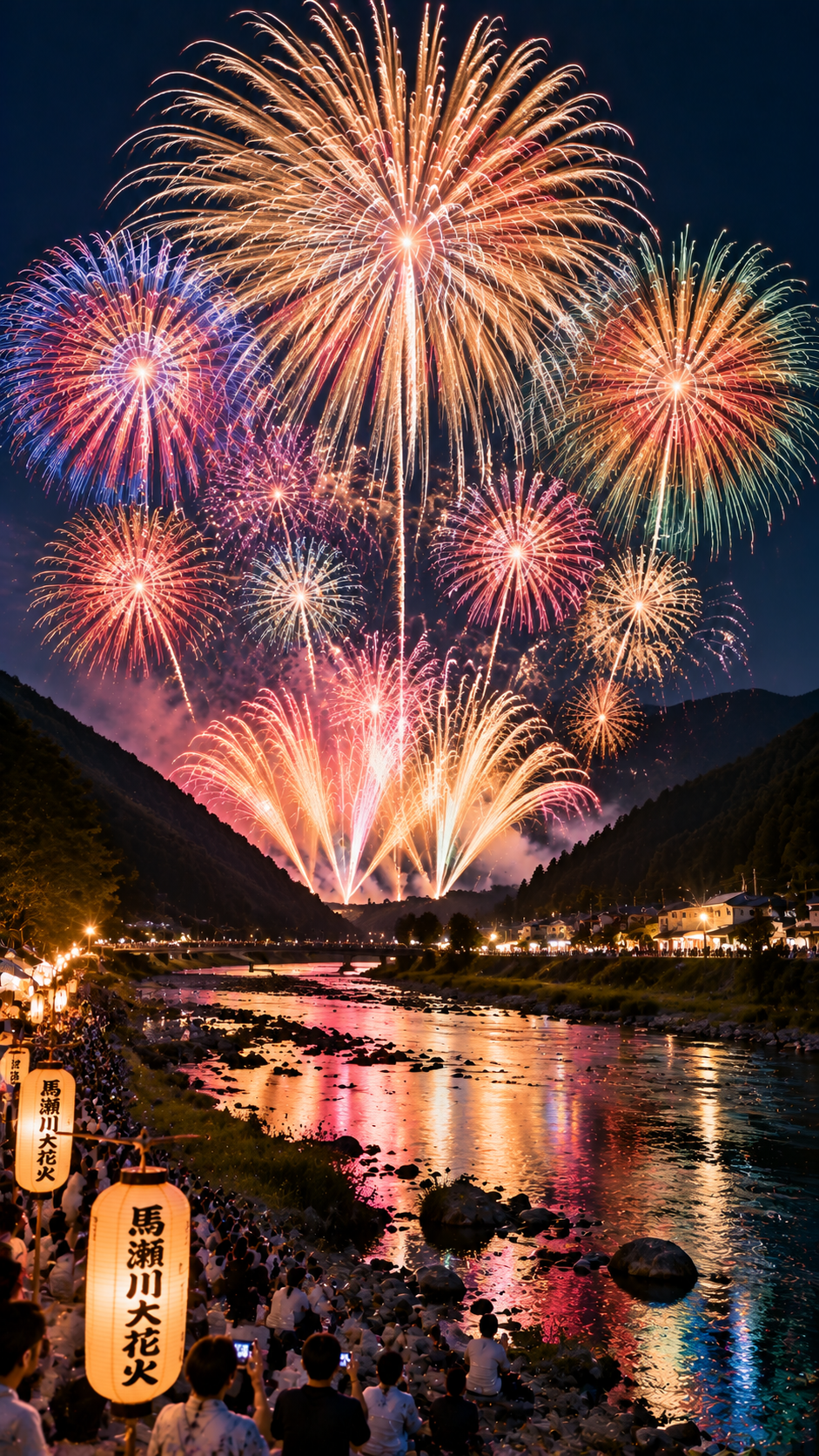 岐阜県下呂市馬瀬地域の夜空に大輪の花火が広がり清流と山々を照らす馬瀬川大花火の風景