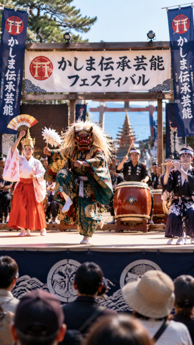 かしま伝承芸能フェスティバルで伝統衣装をまとった出演者が舞や郷土芸能を披露する文化イベントの風景