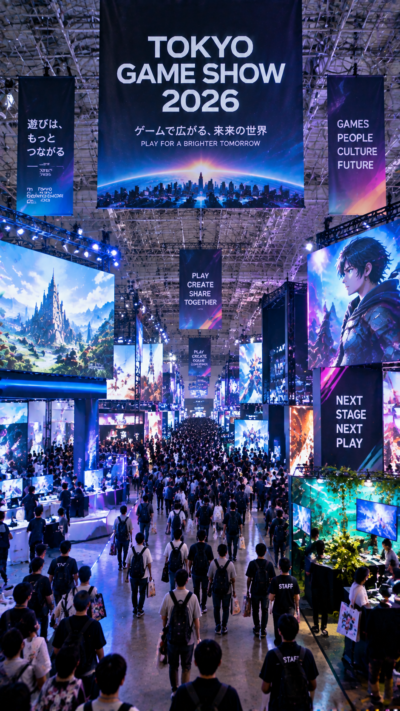 千葉県千葉市の幕張メッセで東京ゲームショウ2026が開催され、最新ゲームの巨大展示ブースや大型スクリーン、ゲームファンで賑わう世界最大級のゲームイベントの風景