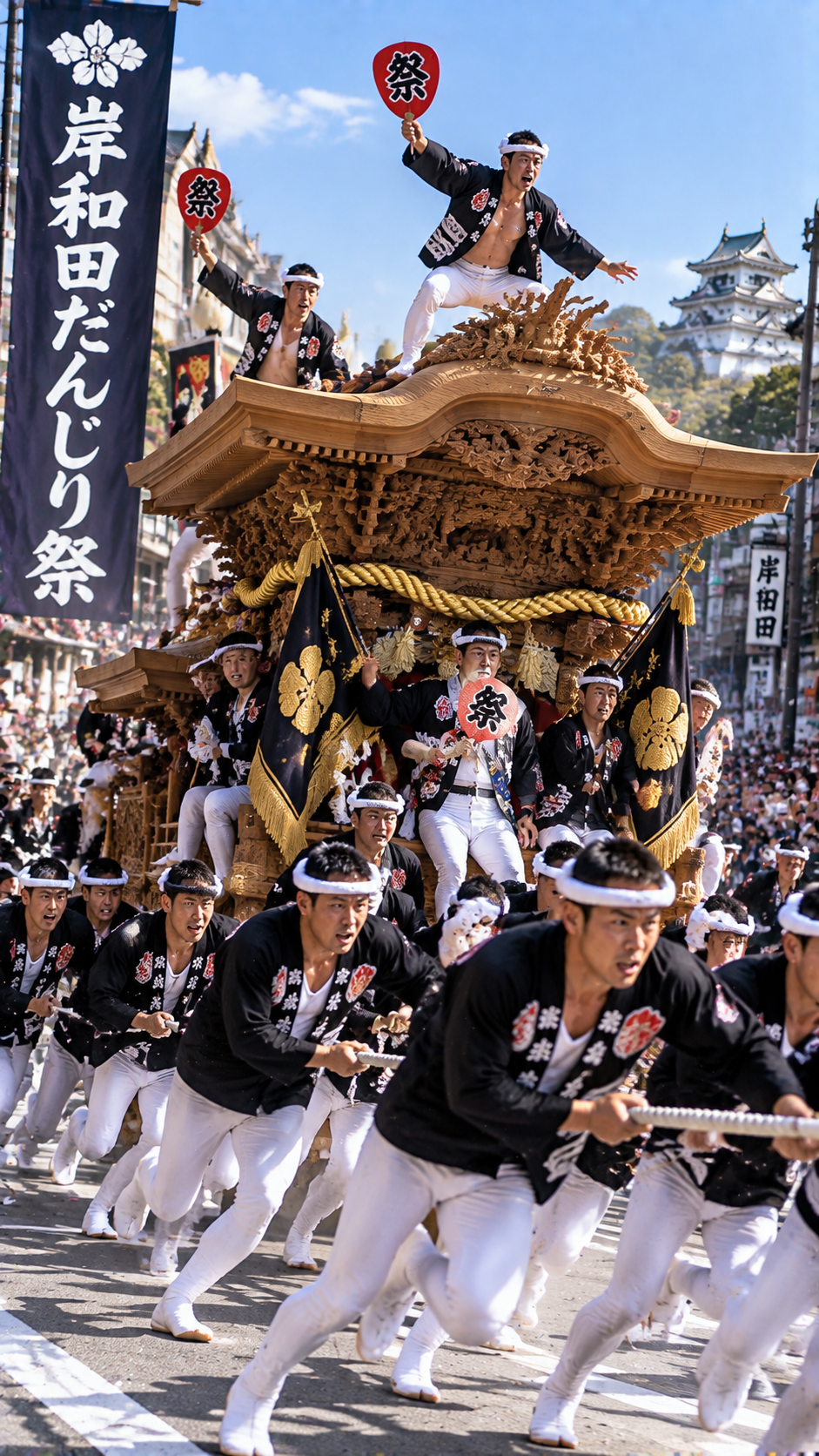 大阪府岸和田市で岸和田だんじり祭が開催され、豪華な彫刻を施した巨大なだんじりを大勢の曳き手が引き、街中を勢いよく駆け抜ける勇壮な伝統祭りの風景