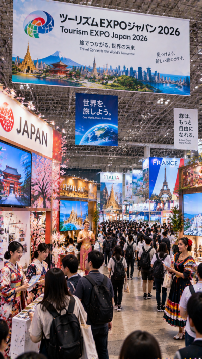 東京または大都市圏の大型展示会場でツーリズムEXPOジャパン2026が開催され、国内外の観光ブースや大型スクリーン、民族衣装のスタッフ、来場者で賑わう国際観光イベントの風景