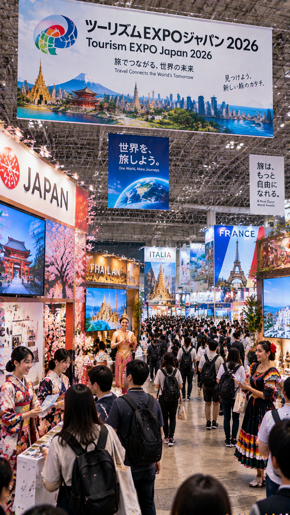 東京または大都市圏の大型展示会場でツーリズムEXPOジャパン2026が開催され、国内外の観光ブースや大型スクリーン、民族衣装のスタッフ、来場者で賑わう国際観光イベントの風景