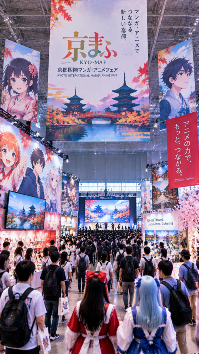 京都府京都市の大型展示会場で京都国際マンガ・アニメフェア（京まふ）が開催され、人気アニメ作品の展示ブース、大型スクリーン、キャラクターパネル、ファンで賑わうマンガ・アニメイベントの風景