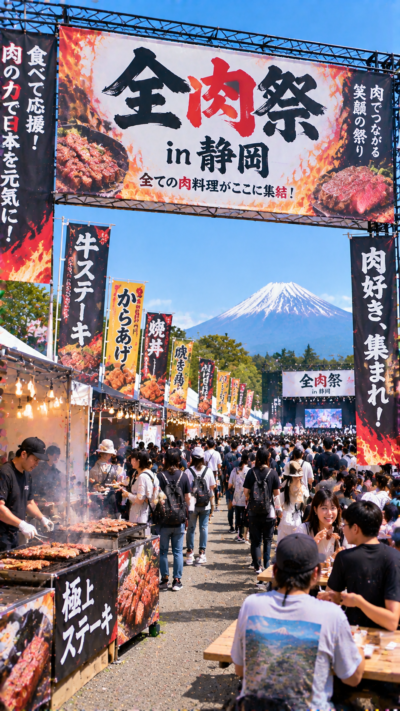 静岡県内の会場で全肉祭 in 静岡が開催され、肉料理の屋台やキッチンカーが並び、焼きたての肉グルメを楽しむ多くの来場者で賑わう大型フードイベントの風景
