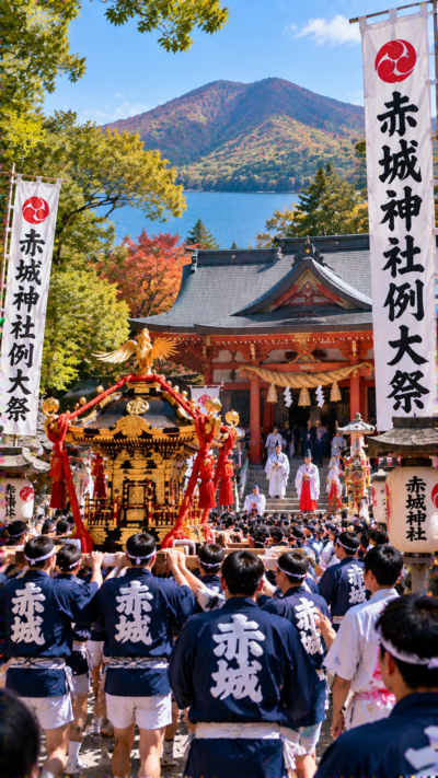 群馬県赤城山の赤城神社で例大祭が開催され、神輿や伝統衣装をまとった参加者が境内に集まり、山の自然に囲まれた神社で神事が行われる伝統祭りの風景