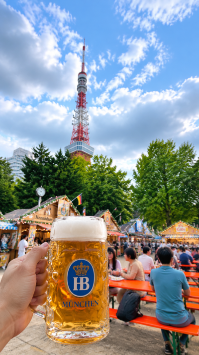 東京都港区の芝公園でオクトーバーフェストが開催され、ドイツビールや料理の屋台が並び、多くの来場者が乾杯を楽しむ秋のビールイベント風景