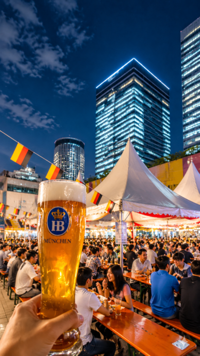 東京都江東区のアーバンドック ららぽーと豊洲でオクトーバーフェストが開催され、ドイツビールや料理の屋台が並び、多くの来場者が乾杯を楽しむ秋のビールイベント風景