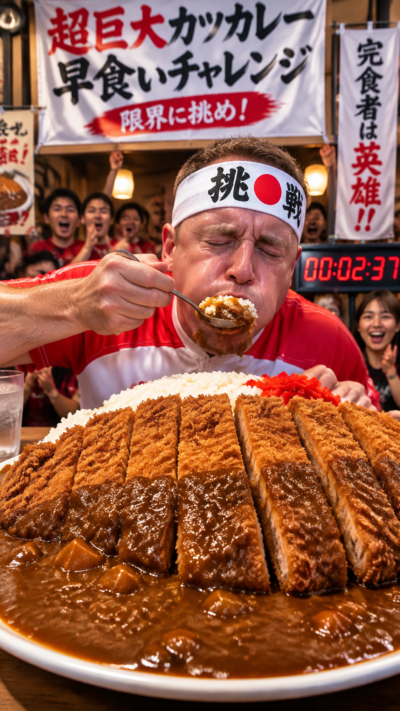 巨大なカツが乗った特大カレーを前に挑戦者が早食いに挑む巨大グルメチャレンジの風景