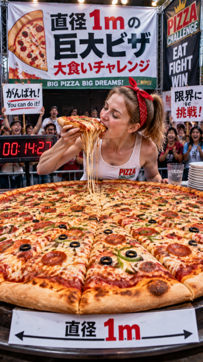 直径1mの巨大ピザを前に挑戦者が大食いチャレンジに挑む巨大グルメイベントの風景