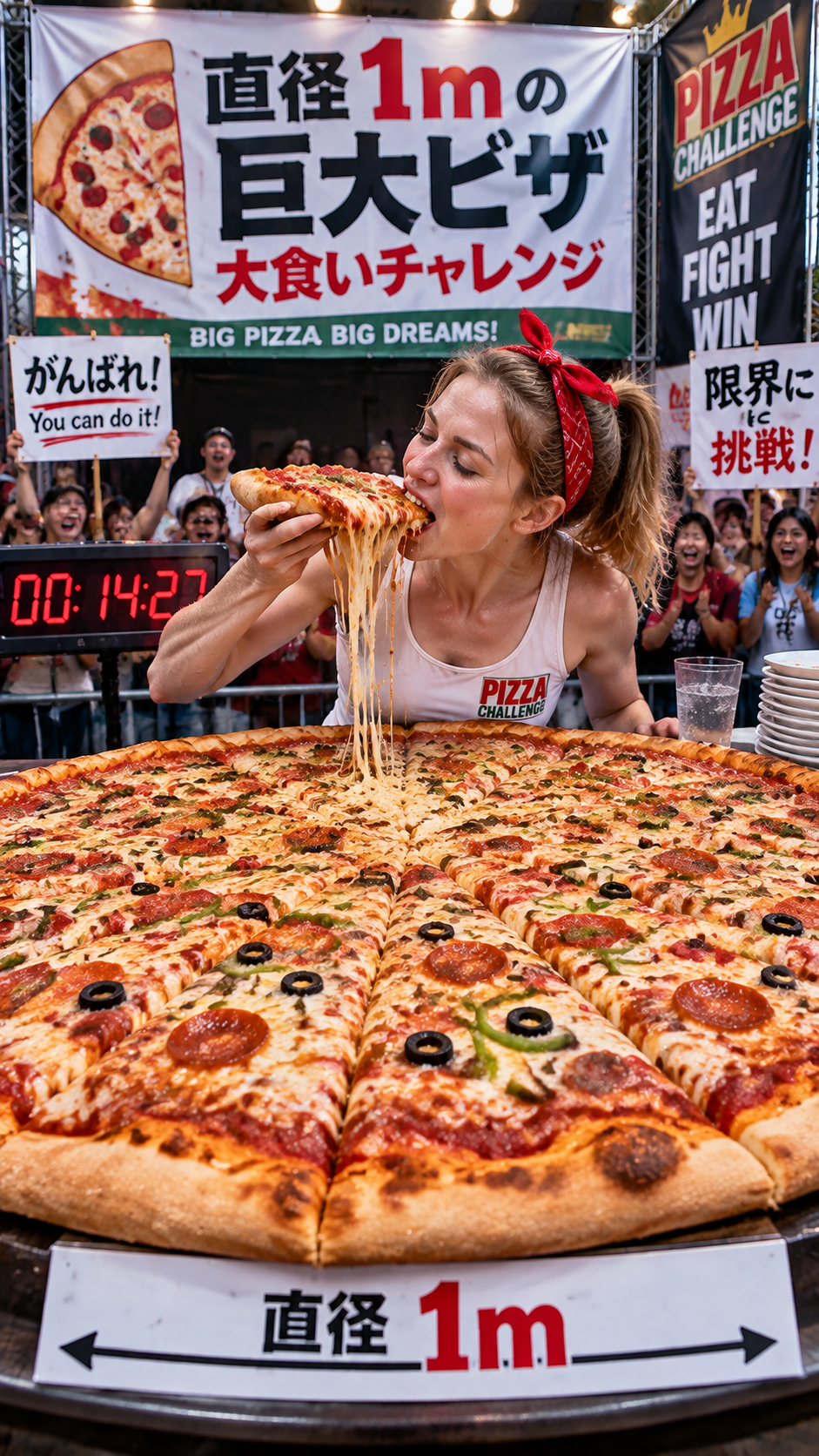 直径1mの巨大ピザを前に挑戦者が大食いチャレンジに挑む巨大グルメイベントの風景