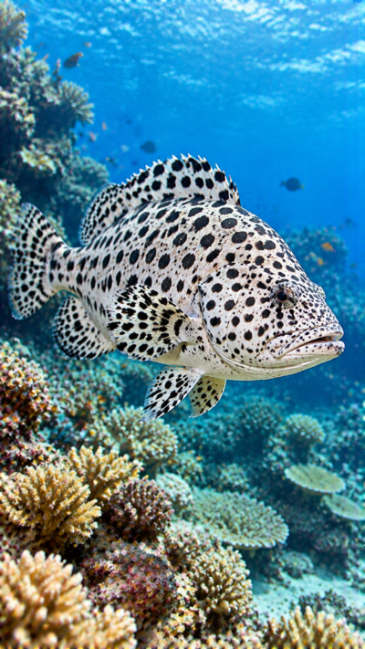 熱帯の海のサンゴ礁周辺でサラサハタが泳ぎ、白い体、黒い斑点模様、高く盛り上がった背中、大きなヒレを見せながら周囲を泳ぐ海中の風景