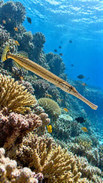 熱帯の海のサンゴ礁周辺でヘラヤガラ（Chinese trumpetfish）が泳ぎ、細長い体、長い筒状の口、黄色から褐色の体色、長い背びれを見せながら周囲を泳ぐ海中の風景