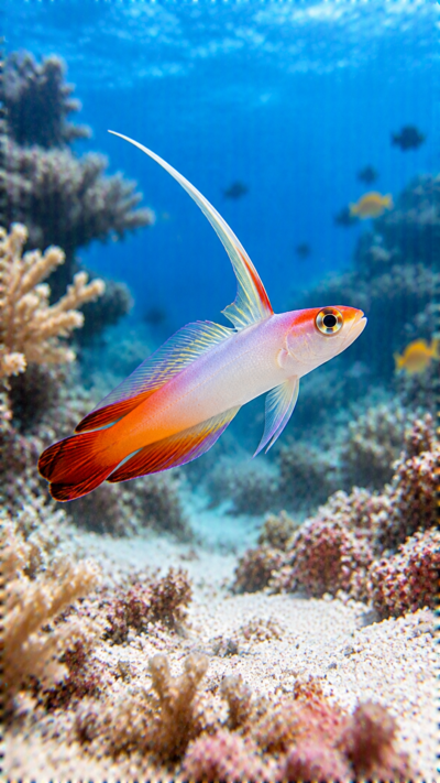 熱帯の海のサンゴ礁周辺の砂地でハタタテハゼ（Fire goby）が泳ぎ、白い体、赤橙色の頭部、長く伸びた旗のような背びれ、大きな目を見せながら周囲を警戒する海中の風景