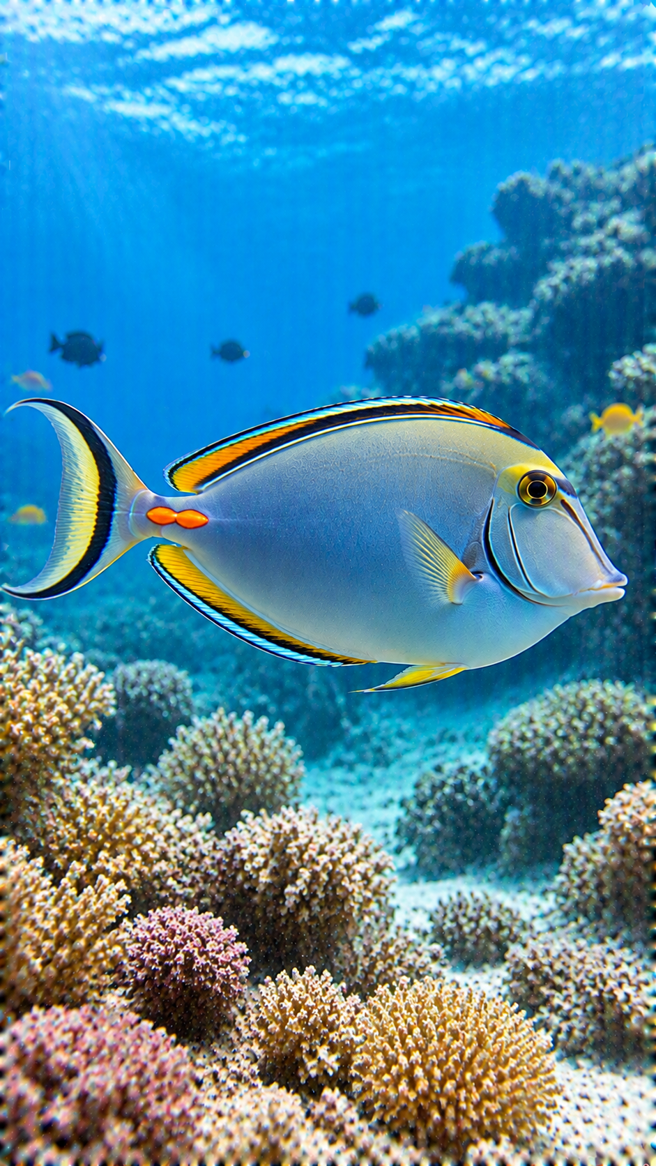 熱帯の海のサンゴ礁周辺でミヤコテングハギが泳ぎ、青灰色の体、黄色と黒の模様、長い吻、尾の付け根のオレンジ色のトゲ、大きな尾びれを見せながら海中を進む風景