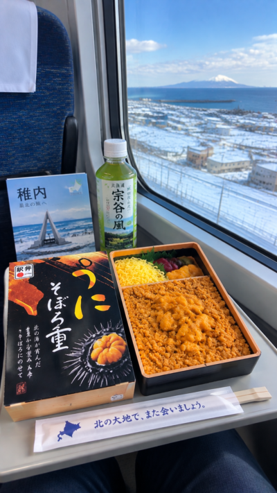 北海道稚内駅の駅弁うにそぼろ重。うに風味のそぼろが盛られた海鮮弁当の風景