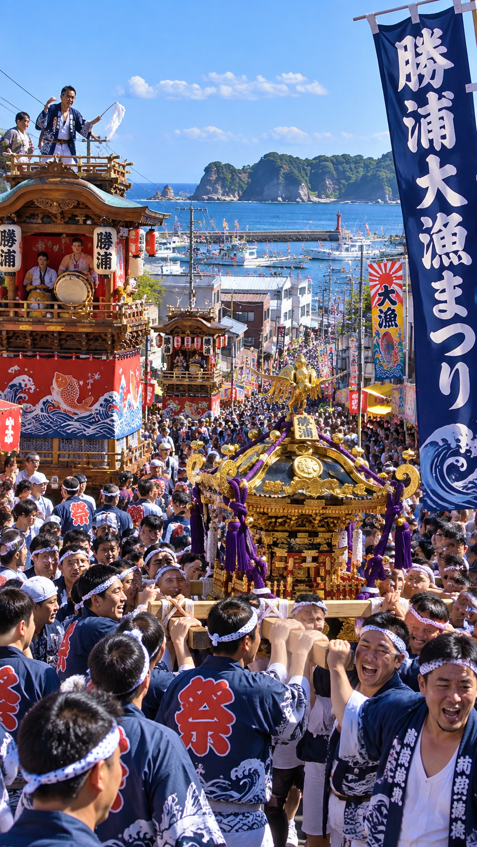千葉県勝浦市の勝浦大漁まつりで神輿や江戸後期の屋台・山車が街を練り歩き、漁師町ならではの熱気に包まれる秋祭りの風景