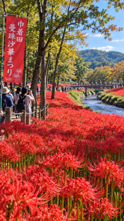 埼玉県日高市の巾着田曼珠沙華まつりで約500万本の曼珠沙華が一面に咲き、多くの来場者が赤い花の群生を楽しむ秋の風景