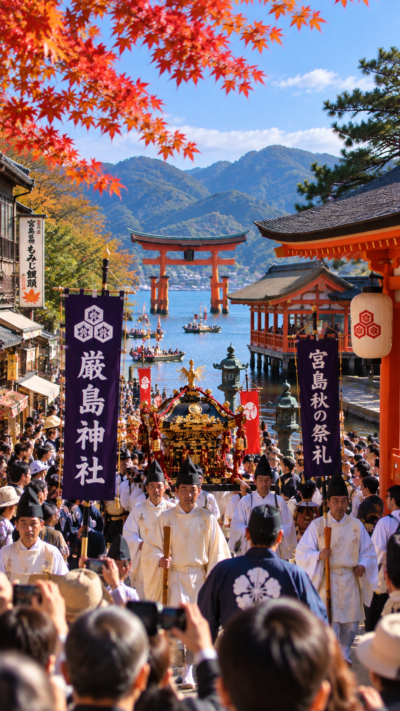 広島県廿日市市の宮島で秋の祭礼関連行事が行われ、厳島神社や歴史的な街並みを背景に伝統行事を楽しむ人々で賑わう風景