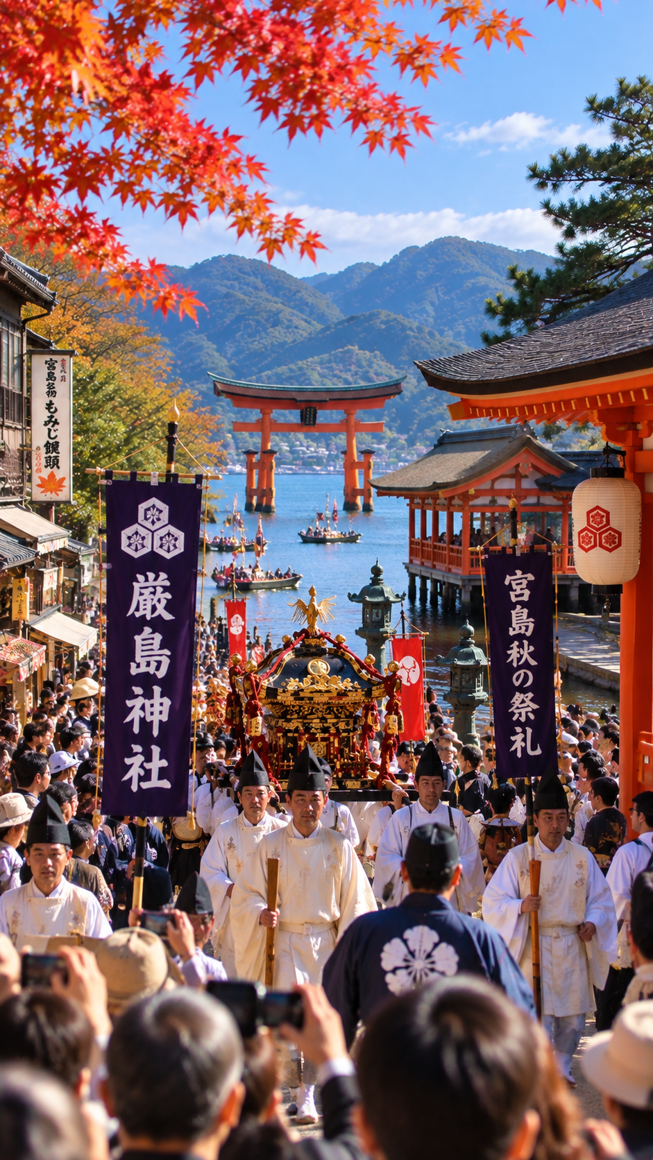 広島県廿日市市の宮島で秋の祭礼関連行事が行われ、厳島神社や歴史的な街並みを背景に伝統行事を楽しむ人々で賑わう風景