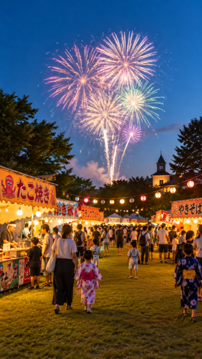 大阪府堺市のハーベストの丘夏祭りで、盆踊りや屋台を楽しむ多くの来場者と夜空に打ち上がるミニ花火の夏祭り風景