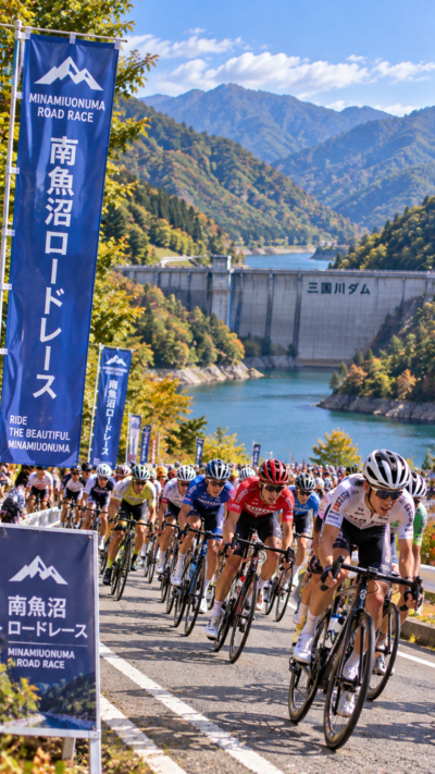 新潟県南魚沼市の南魚沼ロードレースで自転車選手が三国川ダム周回コースを集団で疾走する迫力あるロードレースの風景