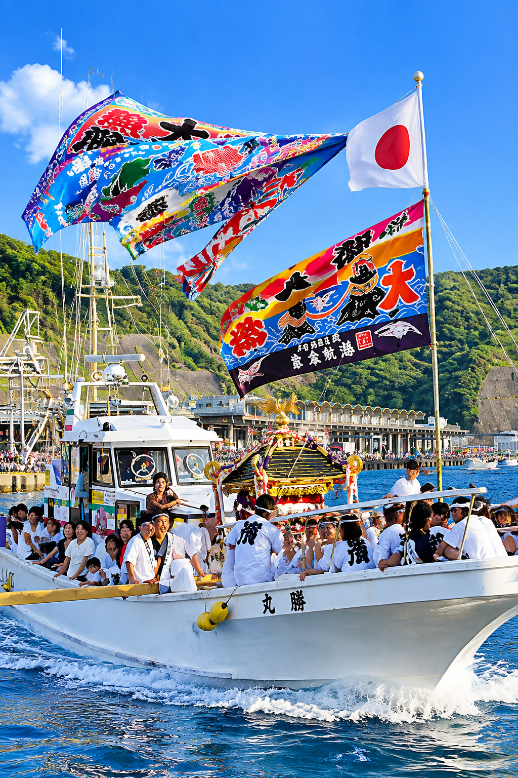 千葉県勝浦市で行われる勝浦大漁祭りの神輿と港町を彩る伝統祭りの風景