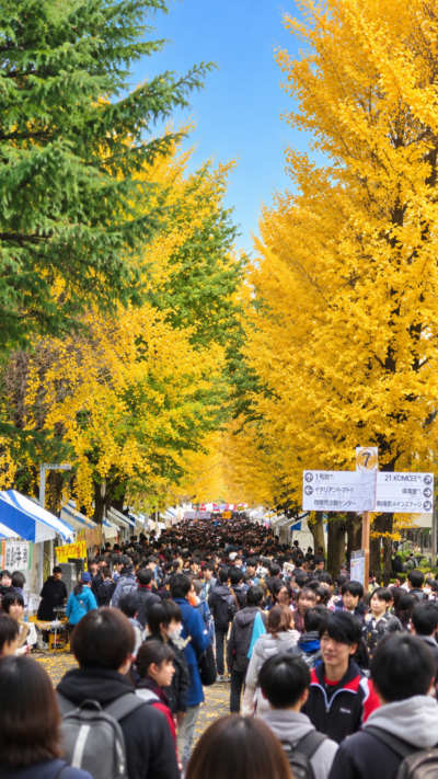 東京都目黒区の東京大学駒場キャンパスで駒場祭が開催され、学生によるステージや展示、模擬店を楽しむ多くの来場者で賑わう大学祭の風景