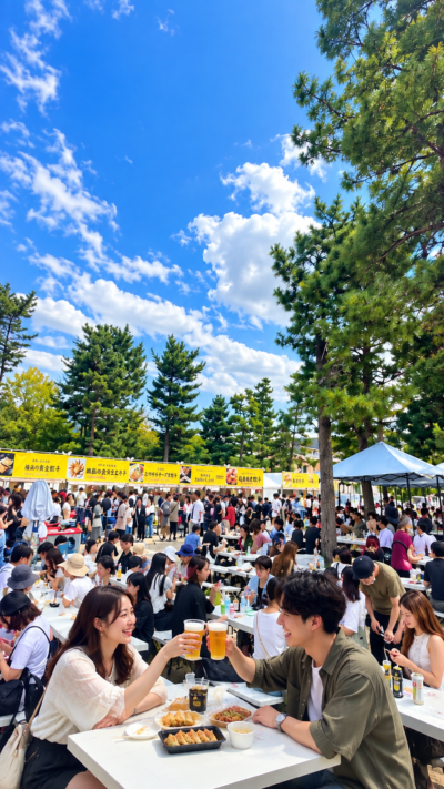 京都市の梅小路公園で京都餃子大作戦2026秋が開催され、全国各地の餃子やグルメのブースに多くの来場者が集まる秋のフードフェス風景