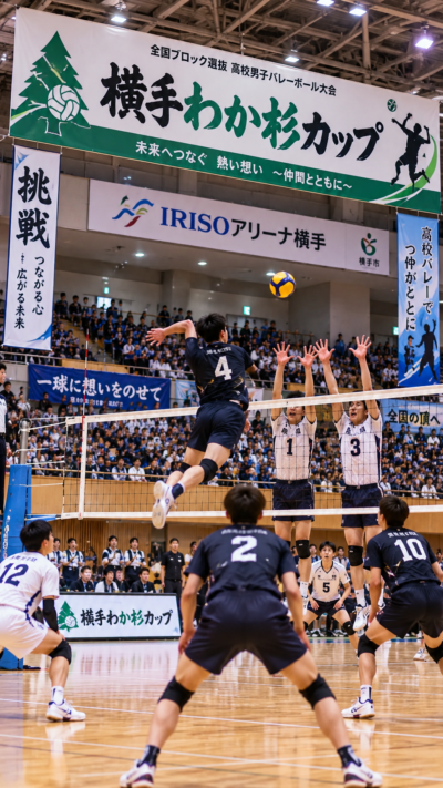 秋田県横手市のIRISOアリーナ横手で横手わか杉カップが開催され、高校男子バレーボール選手がスパイクやブロック、レシーブを繰り広げる全国大会の風景