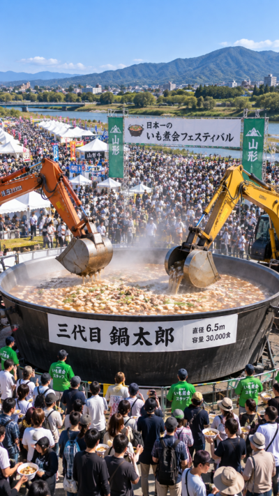 山形県山形市の馬見ヶ崎川河川敷で日本一のいも煮会フェスティバルが開催され、直径6.5mの巨大鍋でバックホーを使って芋煮を調理し、多くの来場者が山形名物を楽しむ食文化イベントの風景