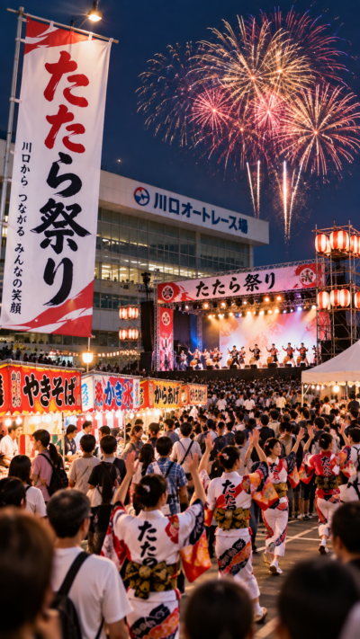 埼玉県川口市の川口オートレース場でたたら祭りが開催され、屋台やステージイベント、踊りを楽しむ多くの来場者で賑わい、夜には花火が打ち上がる地域の祭りの風景