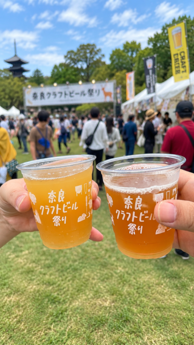 奈良公園浮雲園地で奈良クラフトビール祭りが開催され、クラフトビールのブースや飲食店が並び、多くの来場者がビールとグルメを楽しむイベント風景
