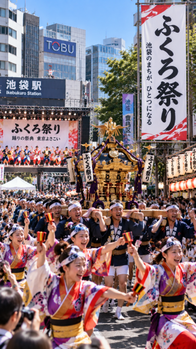 東京都豊島区の池袋西口周辺でふくろ祭りが開催され、神輿を担ぐ人々や華やかな衣装の踊り手、多くの観客が池袋の街を彩る地域の伝統祭りの風景