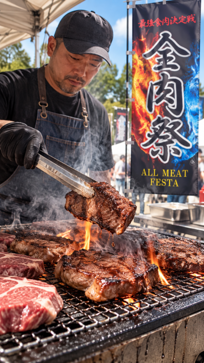 和歌山城砂の丸広場で全肉祭が開催され、全国各地の肉料理やグルメを提供する屋台やキッチンカーに多くの来場者が集まる大型フードフェスの風景