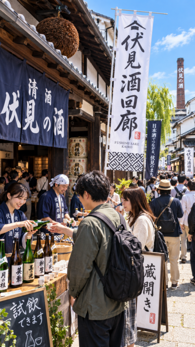 京都市伏見区の伏見酒回廊で酒蔵が一斉に蔵開きを行い、日本酒の試飲や販売、フードを楽しむ来場者が伏見の街を歩いて酒蔵をめぐるイベント風景