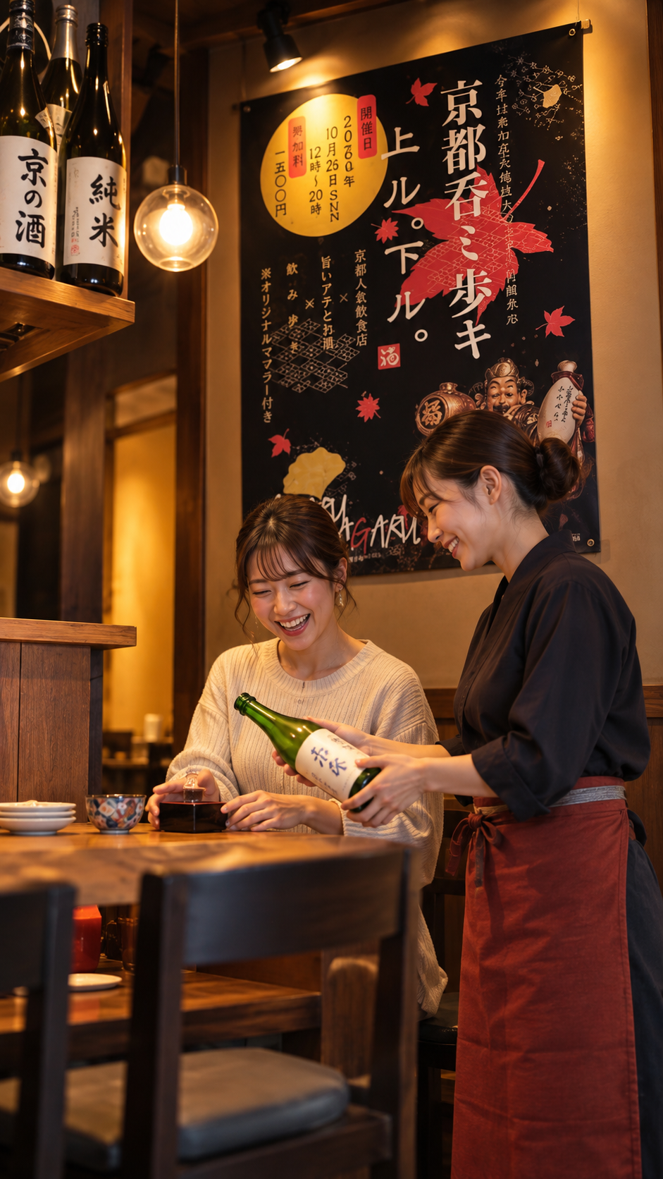 京都市の烏丸・大宮エリアで「上ル。下ル。」が開催され、参加者が京都の飲食店を歩いて巡りながら、お酒やアテを楽しむ飲み歩きイベントの風景