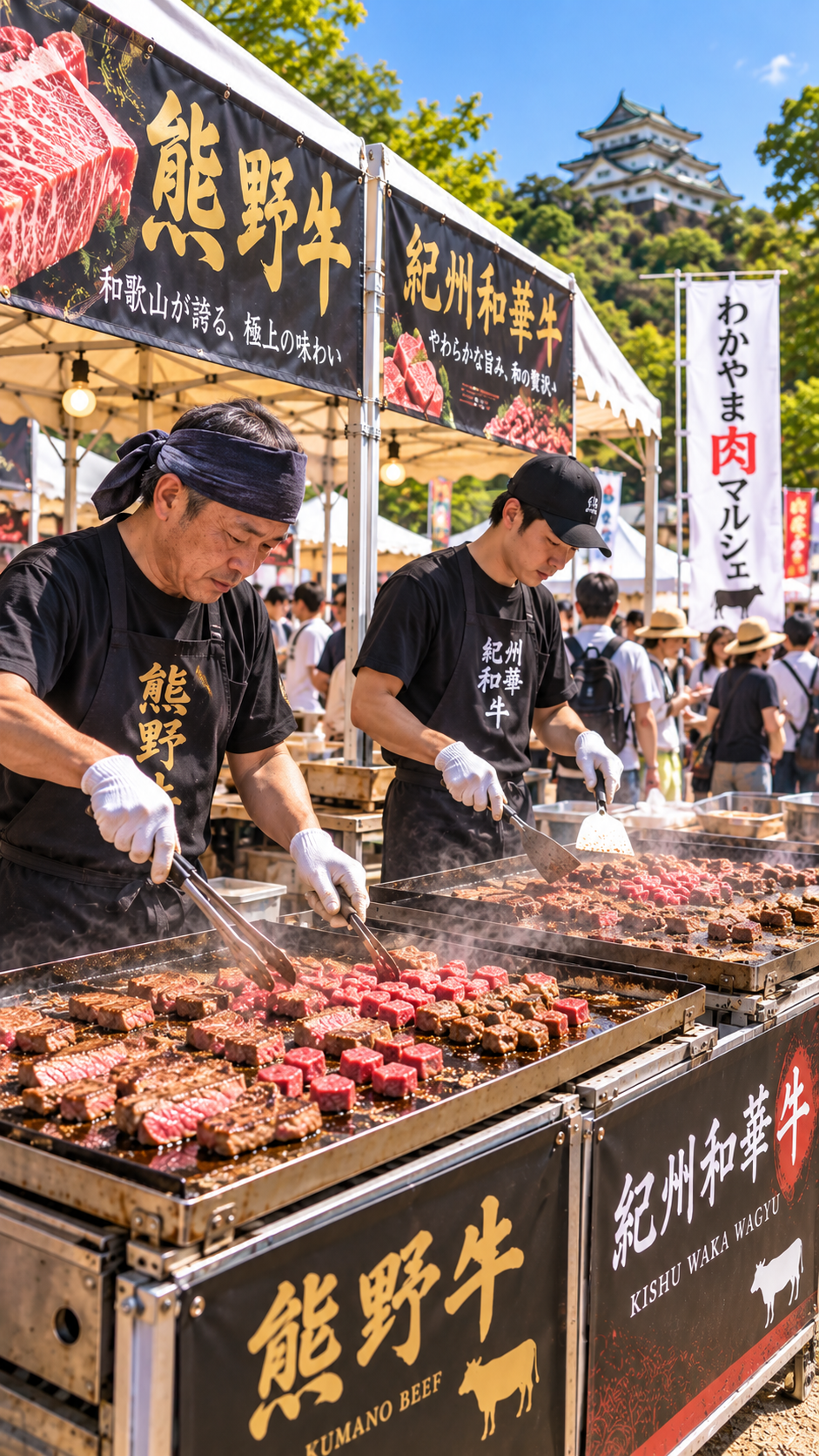 和歌山城西の丸広場でわかやま肉マルシェが開催され、熊野牛や紀州和華牛などを使った肉料理のブースに多くの来場者が集まるグルメイベントの風景