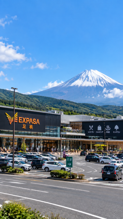 富士山を望む東名高速道路のEXPASA足柄