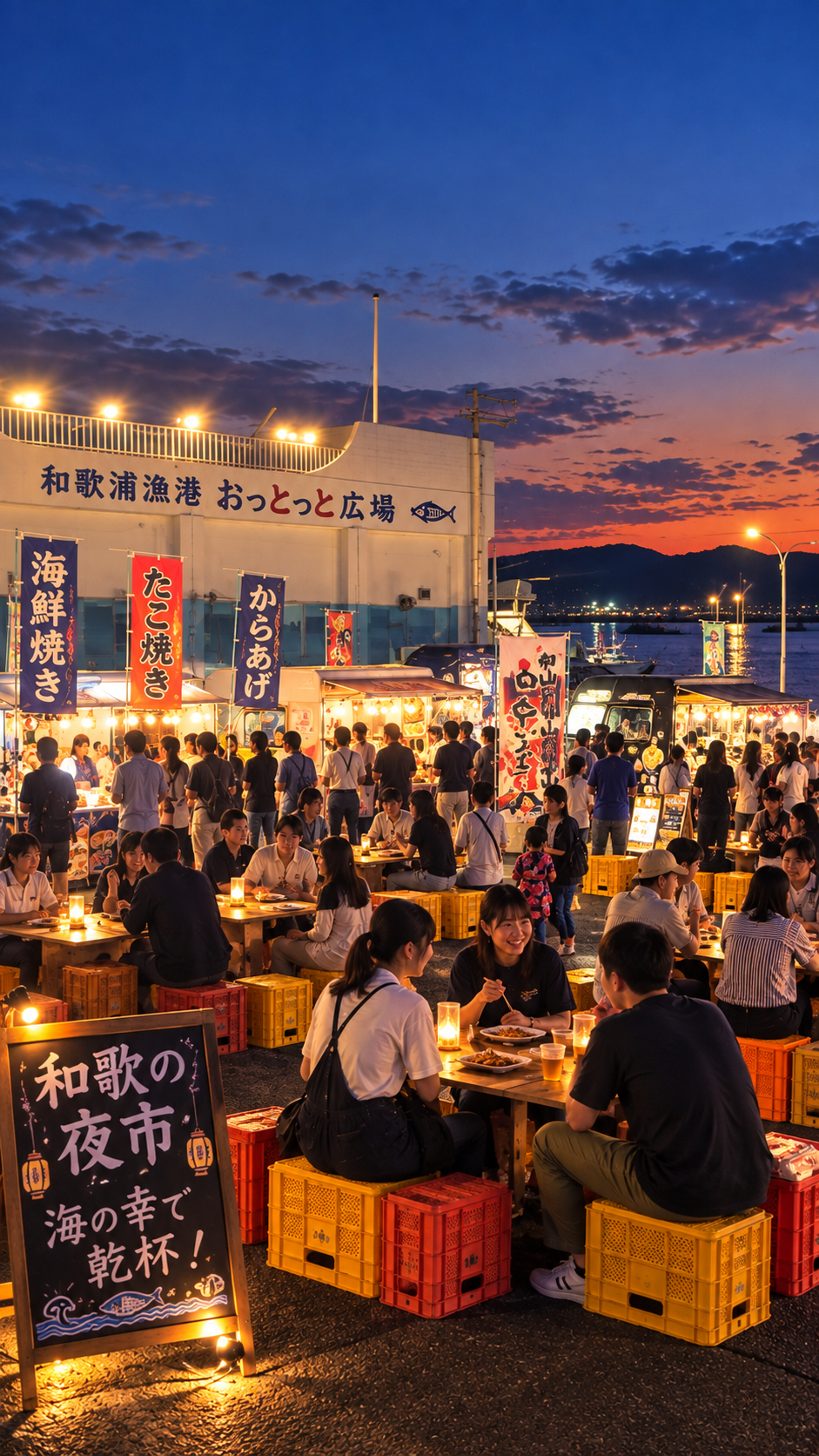 和歌浦漁港おっとっと広場で和歌の夜市が開催され、海鮮料理や屋台、キッチンカーに多くの来場者が集まり夕暮れから夜のグルメを楽しむイベント風景