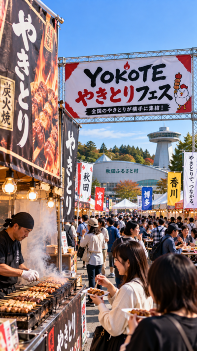 秋田県横手市の秋田ふるさと村でYOKOTEやきとりフェスが開催され、全国各地のやきとり屋台が並び、炭火で焼かれる串焼きや肉料理を楽しむ多くの来場者で賑わうグルメイベントの風景