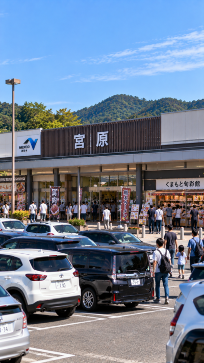 熊本県八代郡氷川町の九州自動車道にある宮原SAで、多くの車が駐車する広いサービスエリアに飲食店やお土産店が並び、旅行者が南九州のグルメや特産品を楽しむ風景