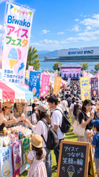 ボートレースびわこの芝生広場でBiwakoアイスフェスタが開催され、全国のご当地アイスを楽しむ多くの来場者で賑わうアイスイベントの風景