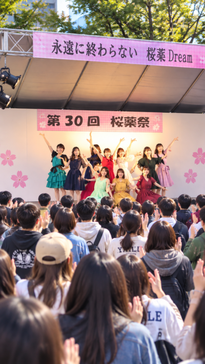 日本大学薬学部の桜薬祭で学生によるステージパフォーマンスが行われ、多くの来場者が楽しむ大学祭の風景