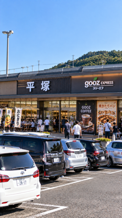 神奈川県平塚市の小田原厚木道路にある平塚PAで、多くの車が駐車するパーキングエリアにgooz EXPRESSや飲食施設が並び、旅行者やドライバーがコーヒーや焼きたてパン、軽食を楽しむ風景