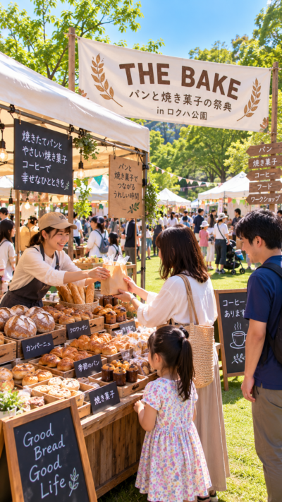 草津市立ロクハ公園でTHE BAKE「パンと焼き菓子の祭典」が開催され、パンや焼き菓子、コーヒーを楽しむ来場者で賑わうグルメマルシェの風景