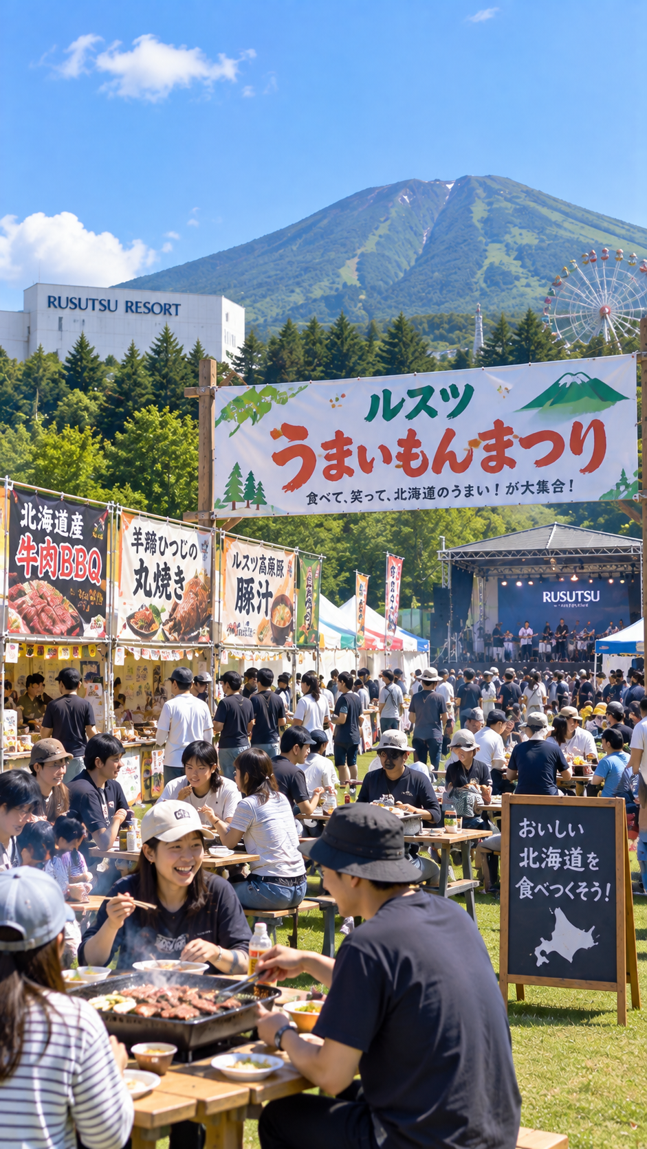 北海道虻田郡留寿都村のルスツリゾートでルスツうまいもんまつりが開催され、芝生広場にBBQテーブルやグルメブースが並び、炭火焼き肉や羊蹄ひつじの料理を楽しむ多くの来場者で賑わうグルメイベントの風景