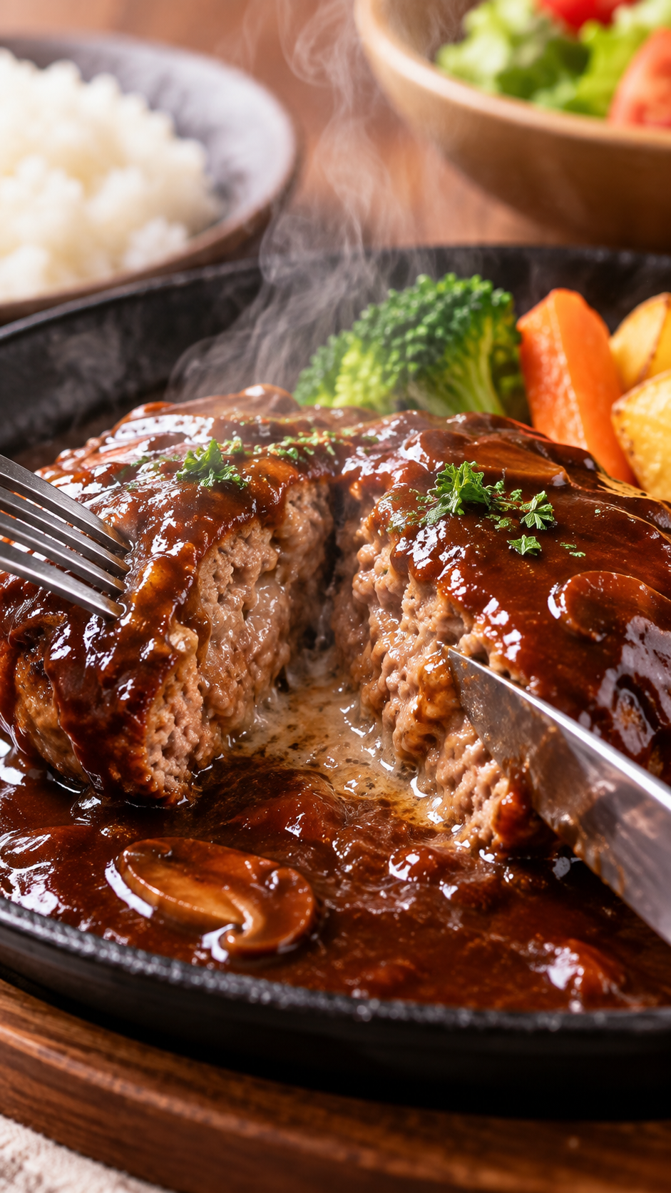 肉汁があふれるジューシーなハンバーグに濃厚なデミグラスソースがたっぷりかかった食欲をそそるデミグラスハンバーグ