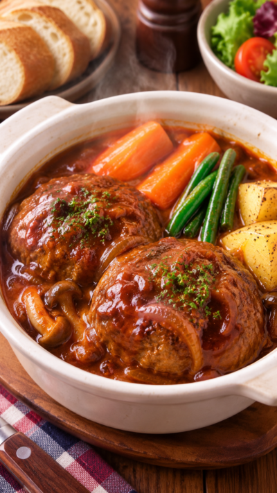 肉汁が染み込んだジューシーなハンバーグを濃厚なデミグラスソースで煮込んだ食欲をそそる煮込みハンバーグ